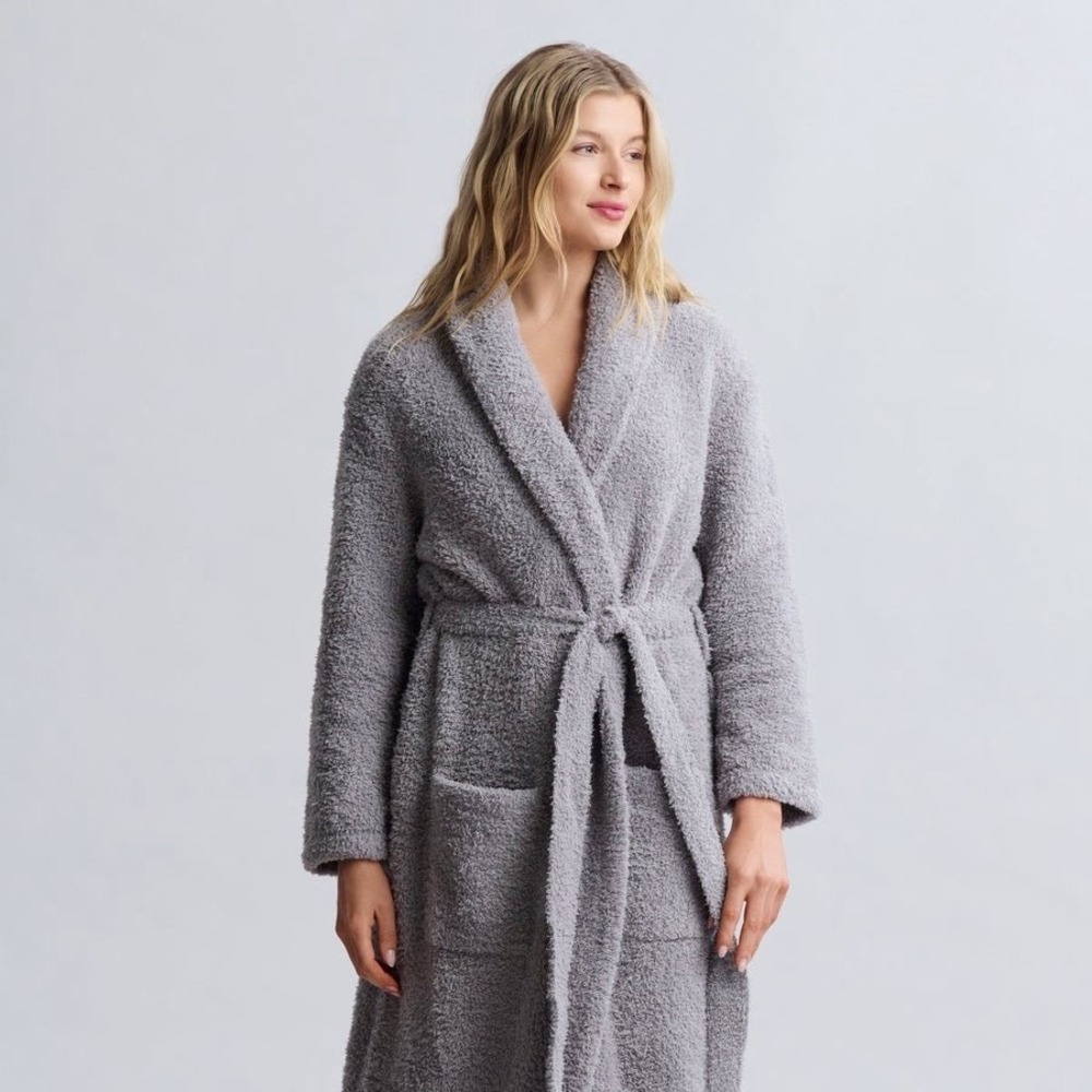 NEW Barefoot Dreams CozyChic Adult Robe Dove Gray Plush Unisex Lounge Bathrobe